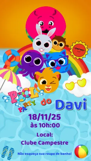 Convite Animado Bolofofos Pool Party para Editar Online