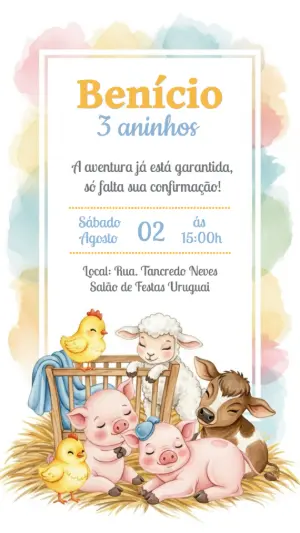 Convite Aniversário Fazendinha com Animais Fofos para Editar