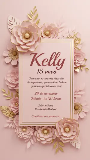 Convite de 15 anos Rosê Floral com Dourado para Editar Online