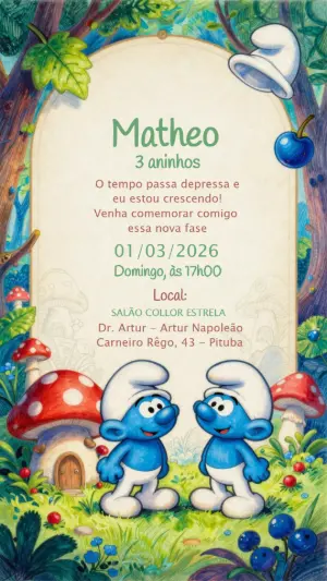 Convite Digital Smurfs Aniversário Infantil para Editar