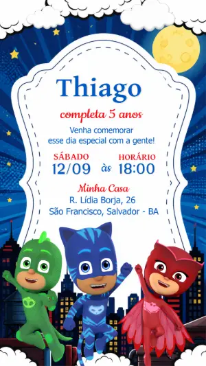 Convite de Aniversário PJ Masks Digital para Editar