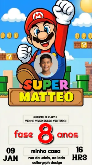 Convite Animado Super Mario para Aniversário Infantil Editável