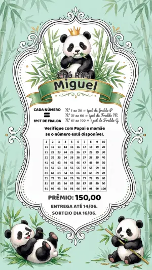 Modelo Editável de Chá Rifa Tema Panda Aquarela