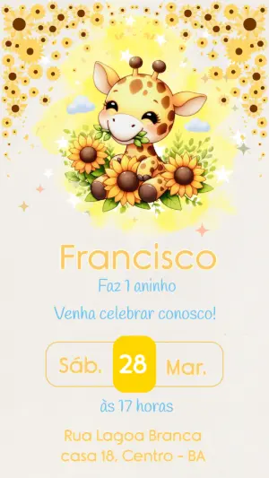 Convite de Aniversário Girafinha com Girassóis para Editar