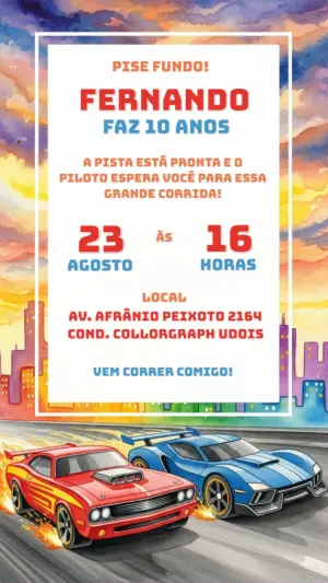 Convite de Aniversário Carros de Corrida para Editar Online