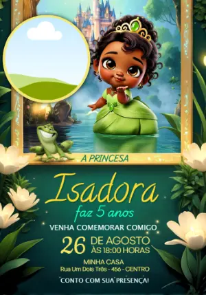 Convite de Aniversário Princesa Tiana com Foto para Editar