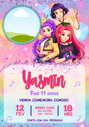 Convite de Aniversário Guerreiras do Kpop Editável com foto
