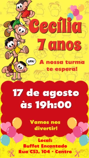 Convite de Aniversário Turma da Mônica Colorido para Editar
