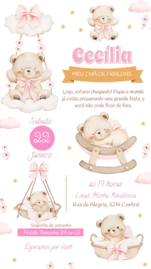 Convite Chá de Fraldas Ursinha Aquarela Rosa para Editar