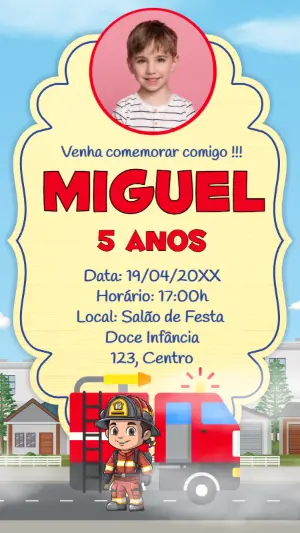Convite Aniversário Bombeiro com Foto para Editar Online
