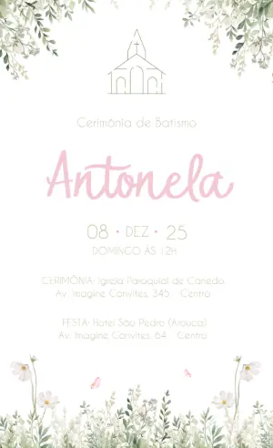 Convite de Batismo Floral Rosa em Aquarela para Editar