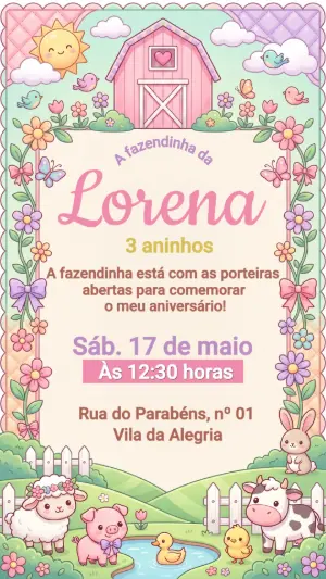 Convite Digital Fazendinha Menina Rosa para Editar