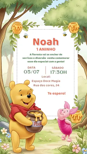 Convite de Aniversário Ursinho Pooh Editável Online