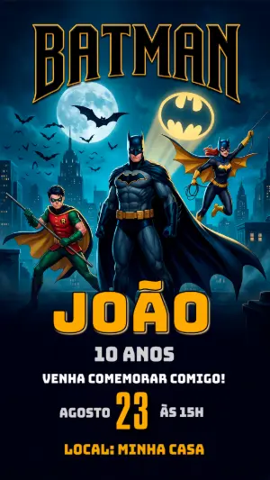Convite de Aniversário Batman Heróis Modelo Digital Editável