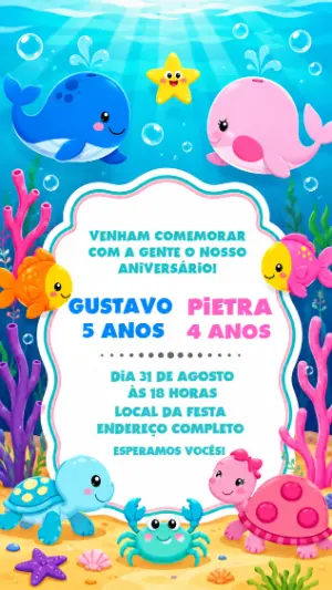 Convite de Aniversário Duplo Fundo do Mar Editável