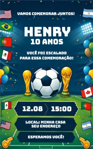 Convite de Aniversário Futebol Copa do Mundo Modelo Editável