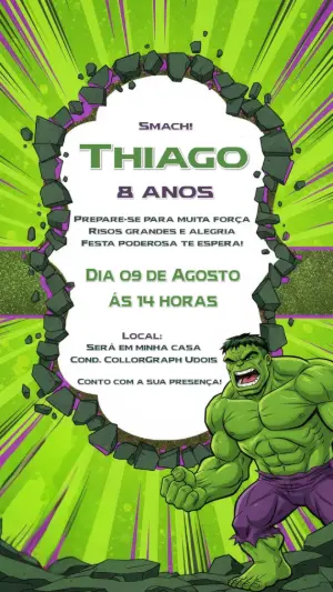Convite de Aniversário Hulk Estilo Quadrinhos para Editar