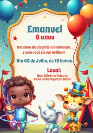 Convite de Aniversário Circo com Animais para Editar Online