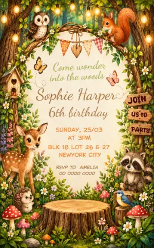 Woodland Animals Birthday Invitation Editable Template