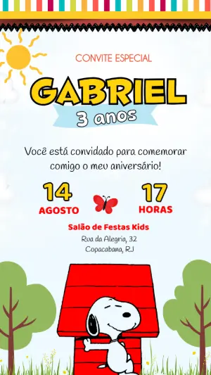 Convite de Aniversário Snoopy e sua Turma | Modelo Editável