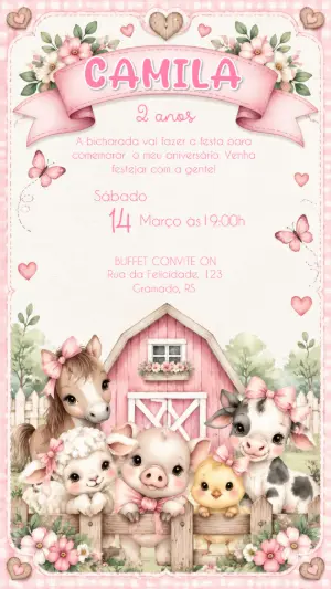 Convite de Aniversário Fazendinha Rosa Editável para Menina