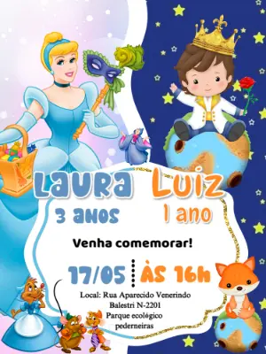 Convite Aniversário Duplo Cinderela e Pequeno Príncipe para Editar