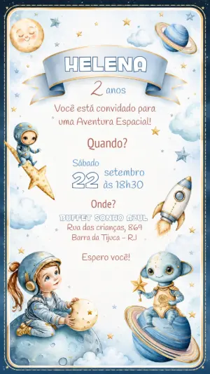 Convite de Aniversário Astronauta Menina Editável