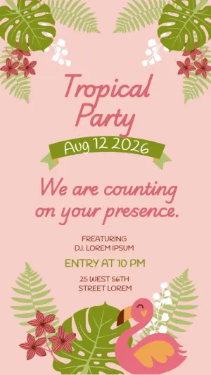 Editable Tropical Party Invitation with Flamingo & Leaves