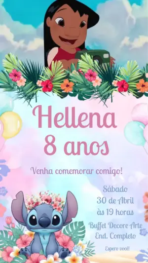 Convite Animado Aniversário Lilo & Stitch Tropical para Editar