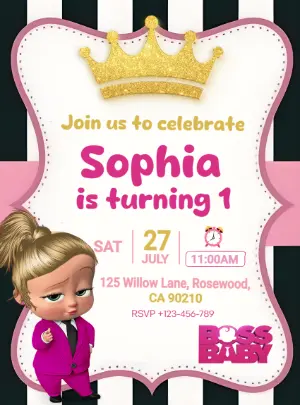 Editable Boss Baby Girl Invitation for First Birthday
