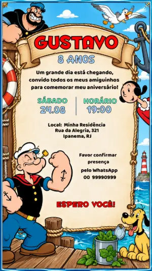 Convite Digital de Aniversário Popeye e Olívia Editável