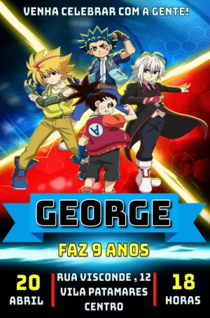Convite de Aniversário Beyblade com Personagens para Editar Online