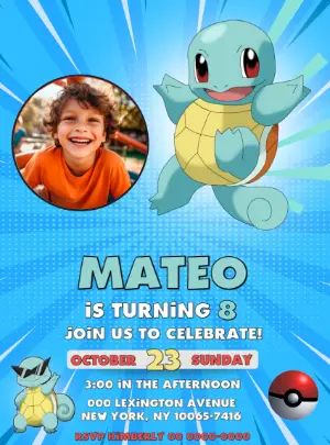 Editable Squirtle Pokémon Birthday Invitation Template