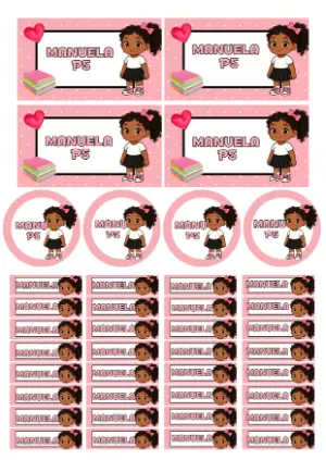 Kit de Etiquetas Escolares Menina Negra Editável para Imprimir