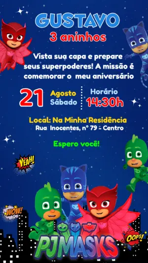 Convite de Aniversário PJ Masks para Editar Online
