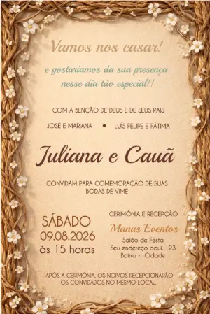Convite Bodas de Vime Rústico Floral para Editar