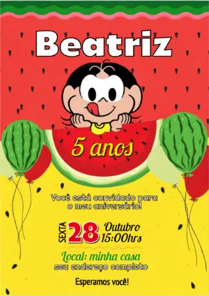 Convite de Aniversário Magali Melancia para Editar e Enviar