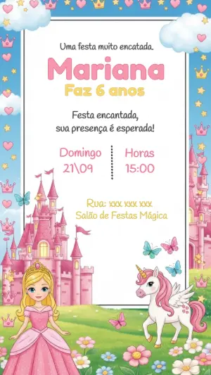 Convite Aniversário Princesa e Unicórnio para Editar Online