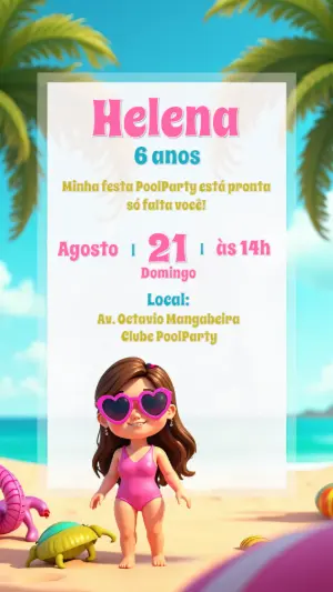 Convite Aniversário Pool Party Menina para Editar Online