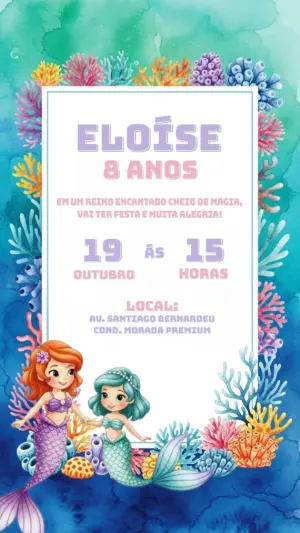 Convite de Aniversário Sereia Fundo do Mar para Editar Online