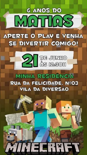 Convite de Aniversário Minecraft Editável para Menino