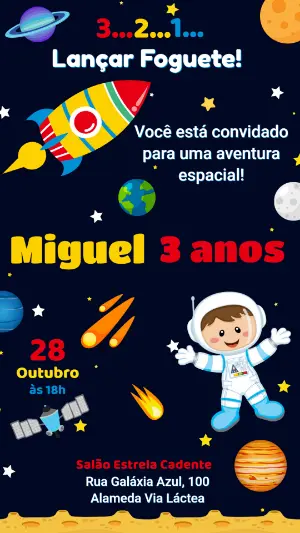 Convite Aniversário Astronauta no Espaço para Editar Online