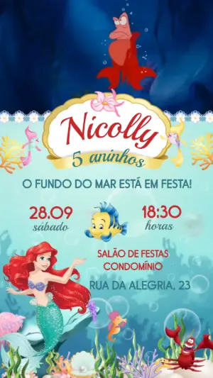 Convite Animado Pequena Sereia Ariel para Editar