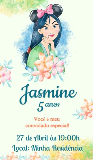 Convite de Aniversário Mulan Aquarela para Editar Online
