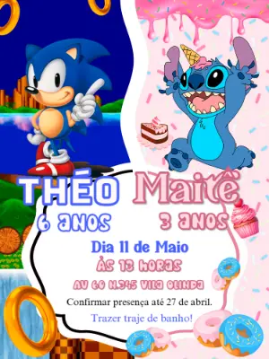 Convite Aniversário Duplo Sonic e Stitch para Editar Online