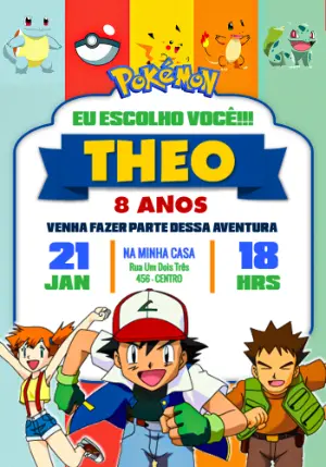 Convite Digital Pokémon Clássico para Aniversário Editável
