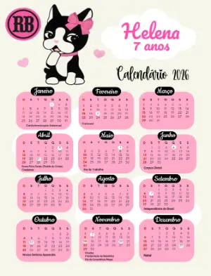 Calendário 2026 Infantil Editável Tema Rebecca Bonbon