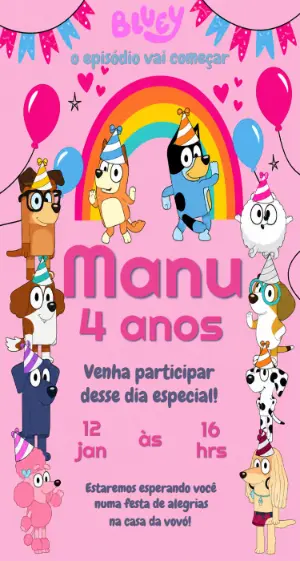 Convite de Aniversário Bluey Rosa para Editar