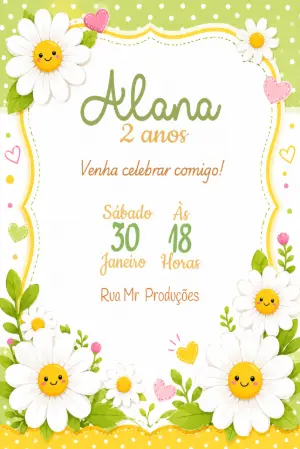 Convite de Aniversário Margaridas Fofas para Editar Online