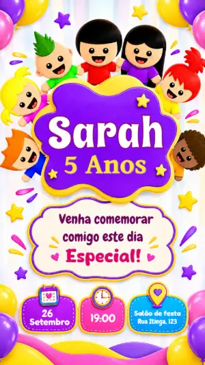 Convite de Aniversário Infantil Animadinhos para Editar